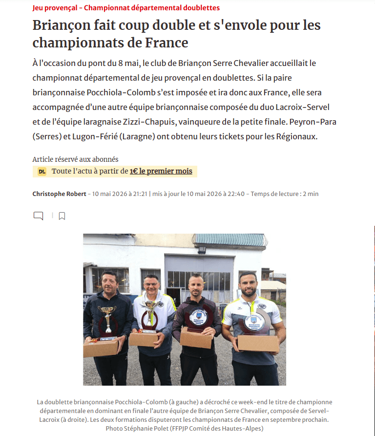 Coupure de presse Le Dauphiné — Briançon fait coup double aux championnats de jeu provençal