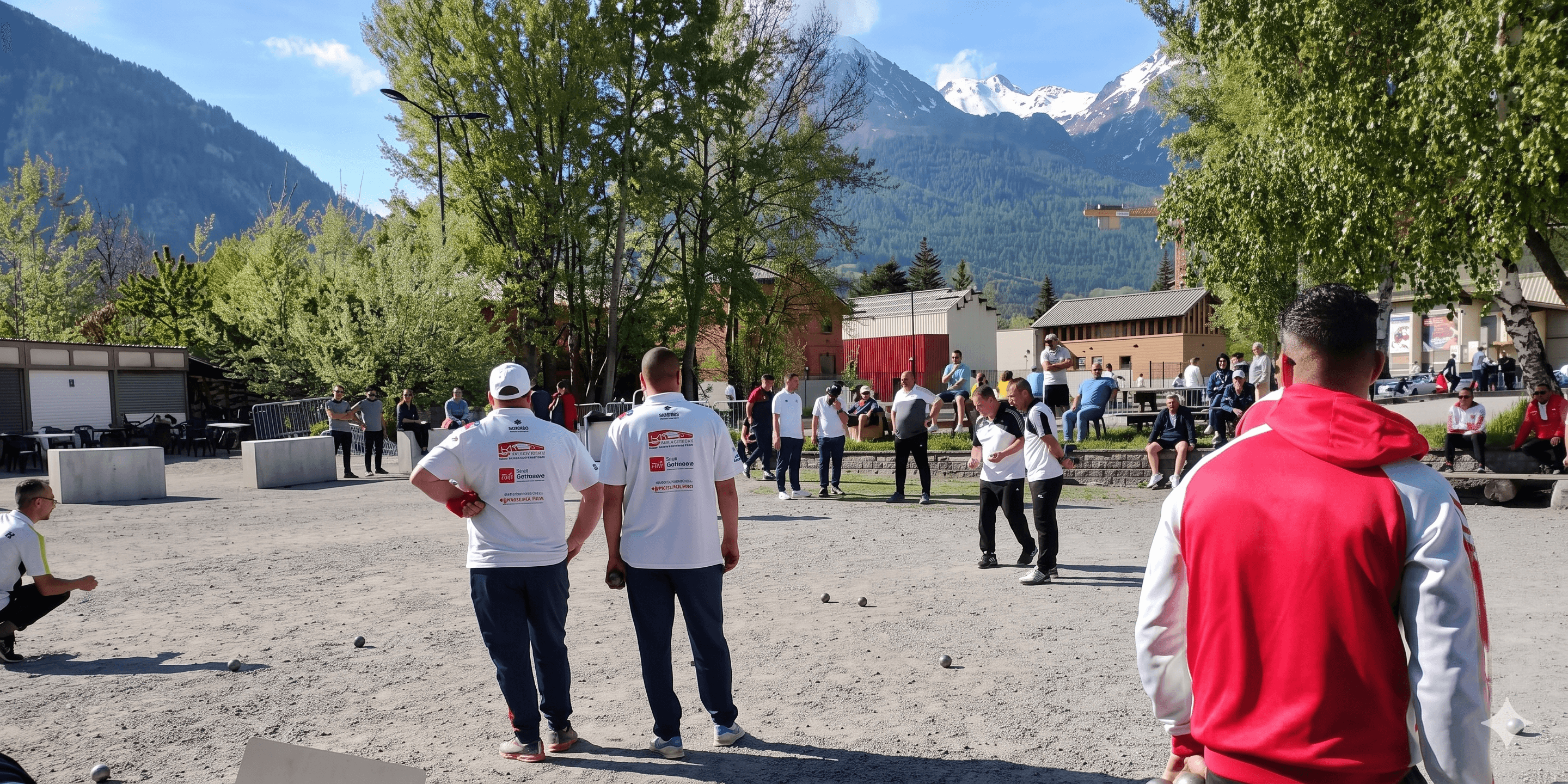 Concours de pétanque sur le boulodrome de Briançon avec le massif des Cerces enneigé en arrière-plan